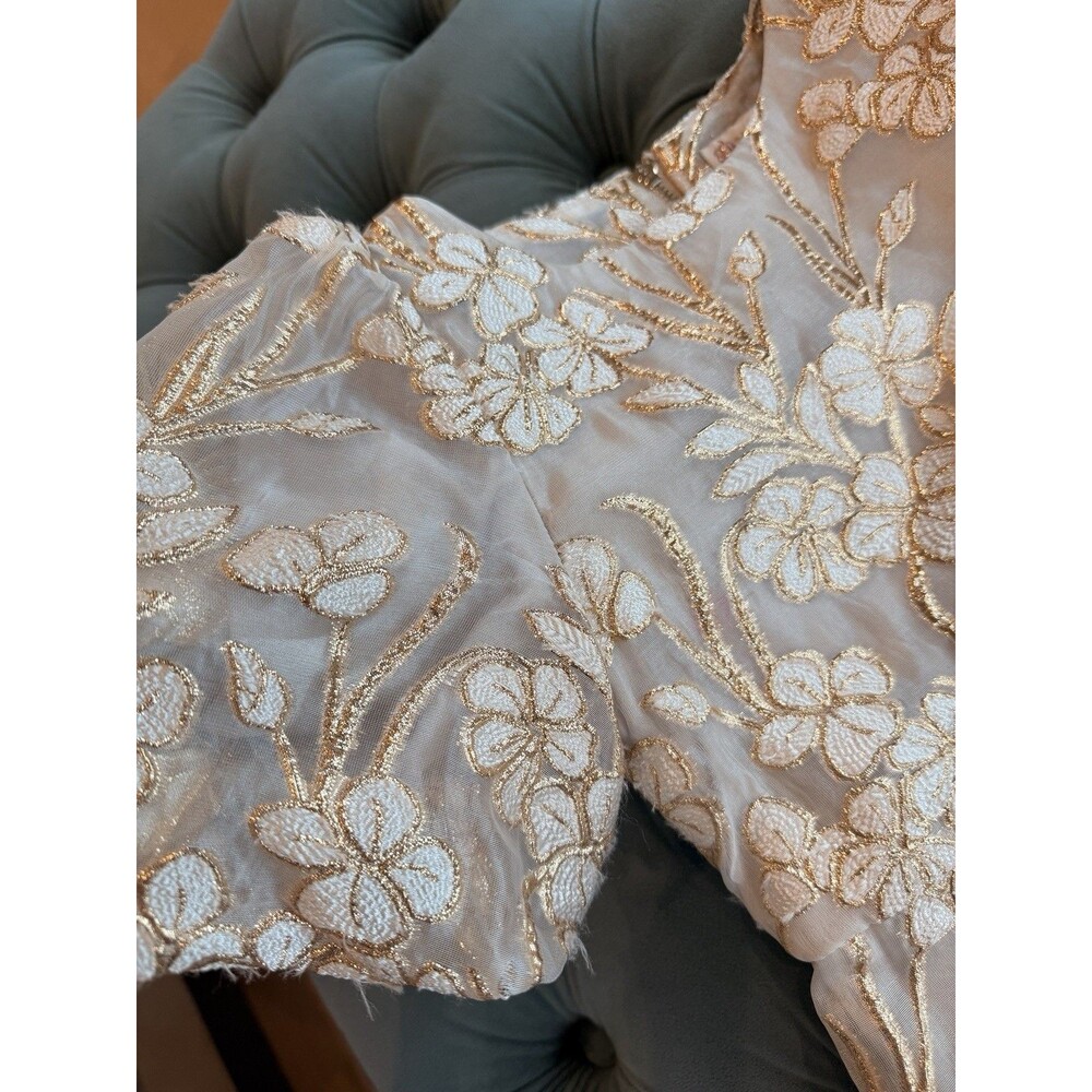 GB girls size 5 Ivory Gold Floral Brocade Puff Sleeve Party Dress - Picture 2 of 5